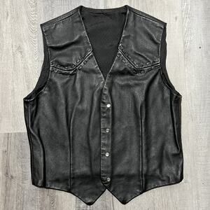 VTG 80s/90s Black Leather Pearl Snap Western Biker Womens Mesh Lined Vest Size S